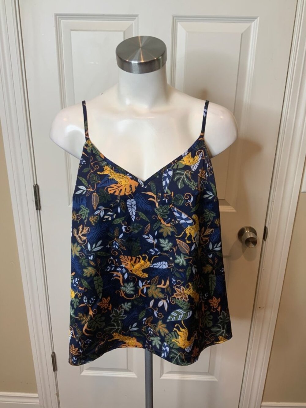 J Crew Blue Leopard Floral Satin Tank Top, Size 16